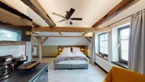 a bedroom with a bed and a ceiling fan at Hotel Alte Schule in Bad Berleburg