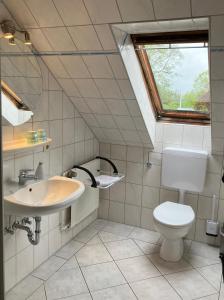 a bathroom with a toilet and a sink at Ferienhof BauerMüller in Fehmarn