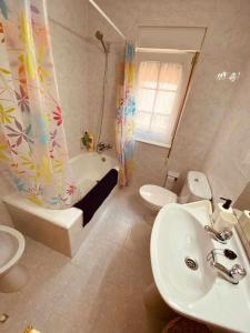 a bathroom with a sink and a toilet and a shower at Casa entre el Mar y la Montaña in Caravia