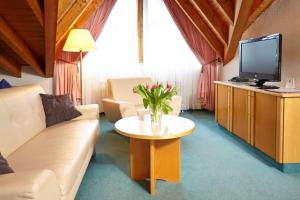 een woonkamer met een bank, een tv en een tafel bij Hotel Sonne in Bad Homburg vor der Höhe