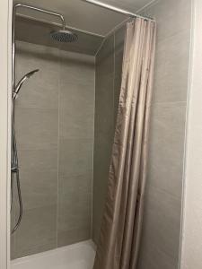 y baño con ducha y cortina de ducha. en Bommeltje Boven 