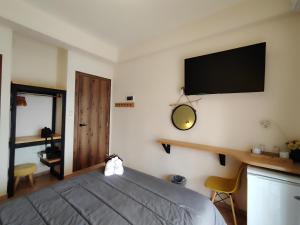 卡拉内拉Poseidon Rooms的卧室配有一张床和壁挂式平面电视。