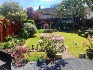 a garden with pink flowers in a yard at Large One Bedroom House near Twickenham stadium in Isleworth