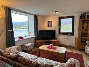 a living room with a couch and a tv at Haus an der Weser in Oedelsheim