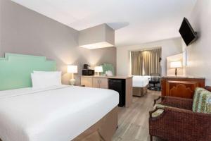 um quarto de hotel com uma cama e uma cadeira em Baymont by Wyndham Orlando-International Dr-Universal Blvd em Orlando