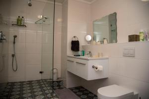 a bathroom with a shower and a toilet and a sink at Waterfront- 11 South Quay in Knysna