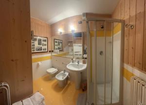 a bathroom with a sink and a shower and a toilet at MONOLOCALE LA BORMINA in Bormio