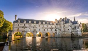 Nouvel appart cosy, centre Tours في تور: قلعة على الماء مع غروب الشمس خلفه