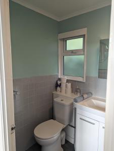 a bathroom with a toilet and a sink at Springside Chalet20 in Tywyn