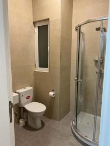 un baño con inodoro y ducha en Stresa Court Apartments, en San Julián 17 fotos más