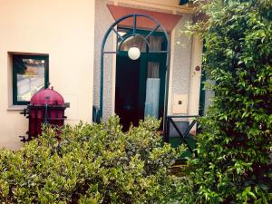 a green front door of a house with bushes at Le Residenze dei Serravallo in Trieste