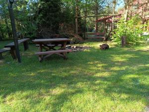 a picnic table sitting in the grass in a yard at Gospodarstwo Agroturystyczne na Mazurach in Jerutki