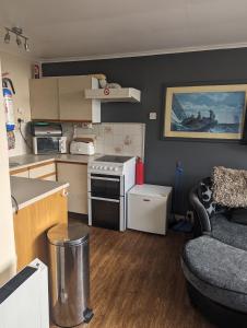 a small kitchen and living room with a couch at Springside Chalet20 in Tywyn