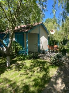 a blue house with a table and a bench in a yard at Popas Turistic Alex in Murighiol