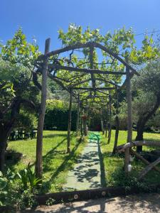 a wooden archway over a path in a park at Agriturismo Le Grottelle in SantʼAgata sui Due Golfi