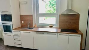 a kitchen with white cabinets and a sink and a window at Hotel Hangar in Mošnov