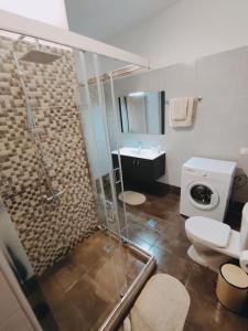 a bathroom with a shower and a toilet and a sink at Garden in Almirón