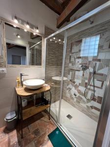 a bathroom with a glass shower and a sink at Antica Fonte Eterna - Casale in incantevole contesto Toscano in Colle di Val d'Elsa
