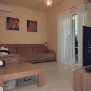 a living room with a brown couch and a table at Suntime Villa 7 in Tivat