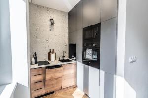 a kitchen with wooden cabinets and black appliances at Myslbekova 5 in Jáma Jindřich