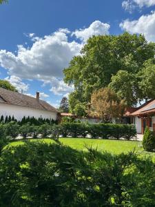 a yard in front of a house with trees at Platán Panzió in Csongrád