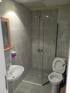 a bathroom with a shower and a toilet and a sink at Samsun Otel Vidinli in Samsun