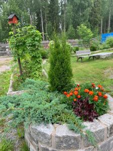 Un jardín con flores y una casa para pájaros en un parque. en Villa Alpaca Mökki - Laamatila, en Nokia