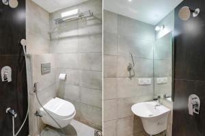 2 immagini di un bagno con servizi igienici e lavandino di New Dream Residency By Glitz Hotels a Mumbai