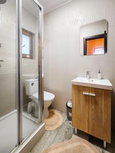 a bathroom with a toilet and a sink and a shower at Căsuța din vis-Voroneț in Gura Humorului