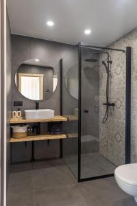 a bathroom with a shower and a sink and a mirror at Doles Perle in Ķekava