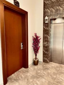 une plante dans un pot à côté d'une porte dans l'établissement أجنحة دارك للشقق الفندقية, à Ad Dawadimi