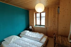 Duas camas num quarto com uma parede azul em Les Herbes Rouges chalet with panoramic view 