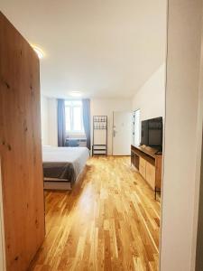 a bedroom with a bed and a television on a wooden floor at Sievering18 A-B in Vienna