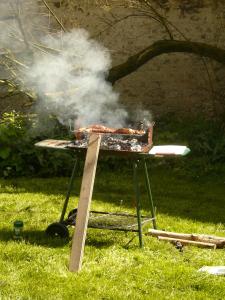 Una parrilla con humo encima en el césped. en Gîte de la Tuilerie, en Ardelu 11 fotos más