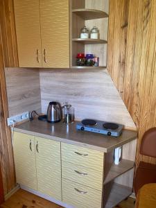 a small kitchen with a stove and cabinets at Домик для отдыха рядом Днепр in Cherkasy