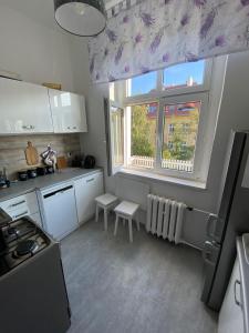 a small kitchen with a window and a sink at Magnolia rooms in Toruń