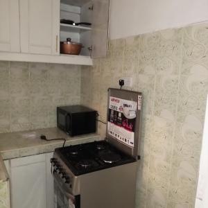 une petite cuisine avec une cuisinière et un micro-ondes dans l'établissement Nakuru Residential and Fully Furnished Apartments Behind Hill Court Hotel at St Mary's pastoral center, à Kerita