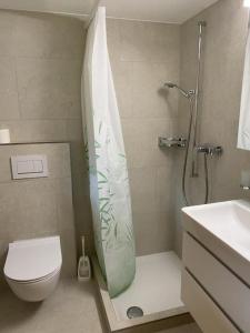 y baño con aseo y ducha con cortina de ducha. en Fortuna en Sörenberg
