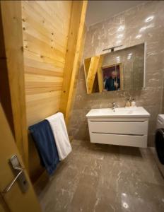 uma casa de banho com um lavatório branco e um espelho. em Vikendica Peric Zelinje 