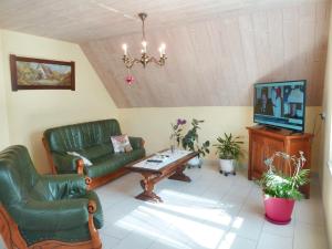 sala de estar con 2 sillas verdes y TV en Appartement de 2 chambres avec jardin et wifi a Bernardville, en Bernardvillé