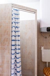 a bathroom with a shower with a blue and white shower curtain at Hedgehog Apartment near Margaret Island in Budapest