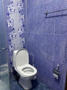 een badkamer met een toilet en een blauwe betegelde muur bij Art comfort in Rustavi