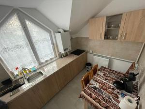 Elle comprend une petite cuisine avec un évier et une fenêtre. dans l'établissement Sara Apartament, à Lugoj
