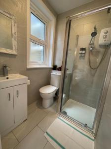 a bathroom with a shower and a toilet and a sink at Chamberlayne Inn in London