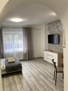1 dormitorio con 1 cama, TV y silla en Kucko Vendeghaz Guesthouse, en Sárospatak