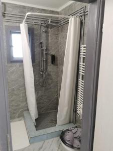 y baño con ducha y cortina de ducha. en Kucko Vendeghaz Guesthouse, en Sárospatak