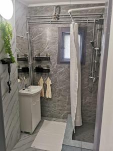 La salle de bains est pourvue d'une douche, d'un lavabo et de toilettes. dans l'établissement Kucko Vendeghaz Guesthouse, à Sárospatak
