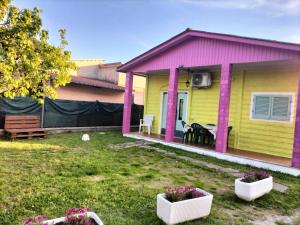 une maison jaune et rose avec deux plantes dans une cour dans l'établissement Casa Tortora vicino al mare, à Massa
