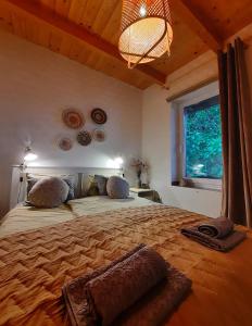 Un dormitorio con una cama grande y una ventana en Vulcanus Apartment en Badacsonytomaj