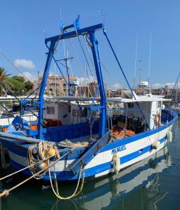 a blue and white boat docked in the water at La Cigale Varoise - Hyères La Plage in Hyères
